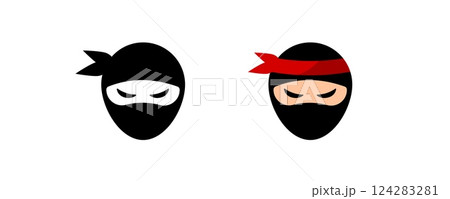 Cartoon ninja faces with masks in black and red displaying various emotions 124283281