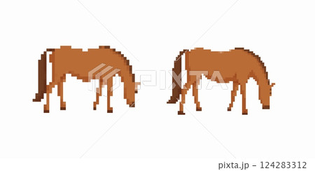 Pixel art horses grazing showing simplistic style and retro video game graphics 124283312