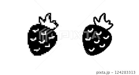 Pixel art strawberries in black and white with stylized leaves and simple detailing 124283313