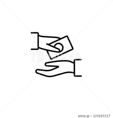 Hand passing a card to another hand in simple black and white design symbolizing transaction 124283317