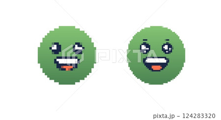 Pixel art green emojis with bright expressions and smiling faces in a fun cartoon style 124283320