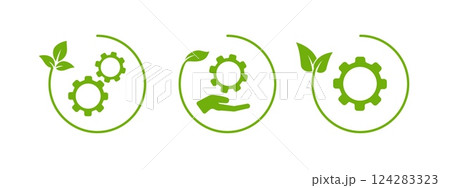 Circular green leaf and gear icon for eco and sustainable designs. 124283323