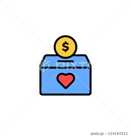 Donation box with heart symbol and coin indicating charity and giving 124283352
