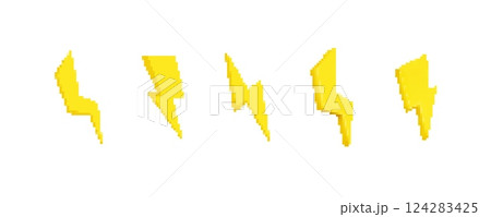 Bright yellow lightning bolt shapes in pixel art style with sharp cool designs 124283425