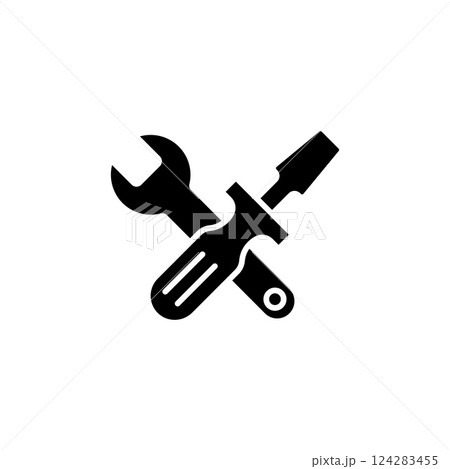 Crossed wrench and screwdriver icons in simple flat black design for tools and repairs 124283455