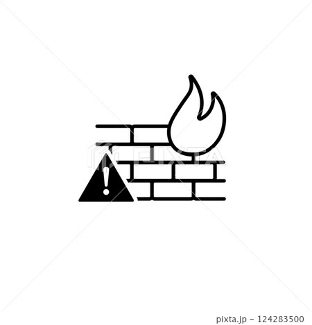 Firewall security icon with brick wall and flame symbol in simple black and white design 124283500