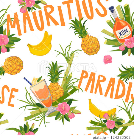 Vector seamless pattern. Background with elements of vacation on a tropical island. Composition with a bottle of rum, pineapple, banana and flowers. Illustration for beach bar design. 124283502