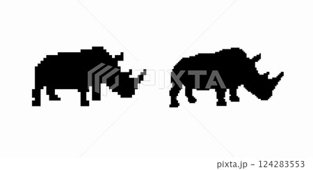 Silhouette of two rhinos facing each other with prominent horns and massive bodies 124283553