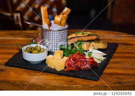 Beautiful set of food on a tray in a restaurant on Beautiful set of food on a tray in a restaurant on 124283842