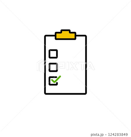 Checklist icon with bold black outline and yellow highlight on white background 124283849