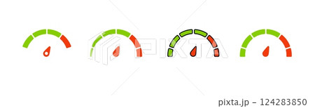 Fuel level indicators showing various levels from full to empty in gradient colors 124283850