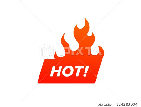 Bright orange flame icon with hot text symbolizing heat and intensity in a simple design 124283904