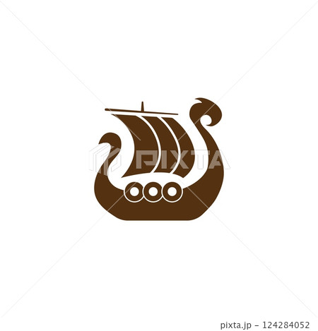Viking ship icon with sail and dragon for Norse history. 124284052
