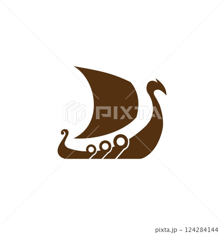 Flat drakkar icon with dragon prow for Norse design. 124284144