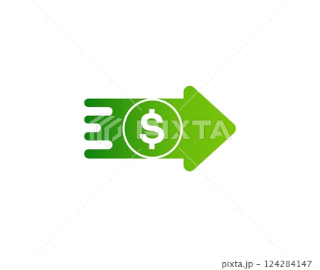 Green money logo with arrow for fast cash transfers and financial success. 124284147
