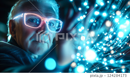 An old man interacts with a neural network display and the glowing connections of AI. The concept of technology, and the fusion of human intellect with advanced machine learning. Generative AI. 124284173