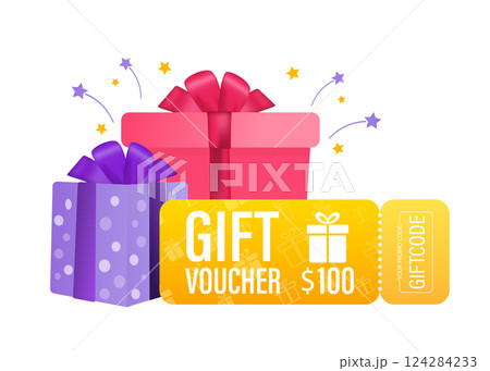 3d advertising with gift voucher presents people for concept design. Sale, discount, special offer concept. Modern gift voucher presents people, great design for any purposes. Vector illustration. 124284233