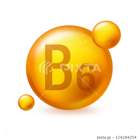 Vitamin B6 gold shining pill capcule icon. Pill capcule vector illustration on white isolated background 124284254