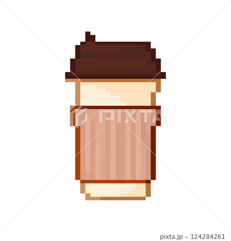 Paper coffee cup in pixel style on white background. Blank mockup. Mock up, template. Coffee drink Paper coffee cup in pixel style on white background. Blank mockup. Mock up, template. Coffee drink 124284261