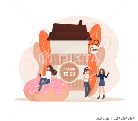 Flat illustration with coffee to go people. Cartoon people illustration. Characters with drink in paper cup. Shop, drink, coffee to go concept. 124284264