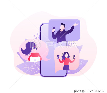 Chat people for concept design. Vector text. Business people teamwork. Social media concept. Flat vector character illustration. Characters talking. 124284267