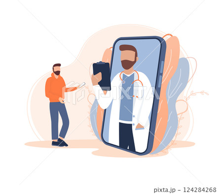 Flat illustration with online doctor. Doctor consultation. Vector illustration flat design. Video chat. Flat illustration with online doctor. Doctor consultation. Vector illustration flat design. Video chat. 124284268