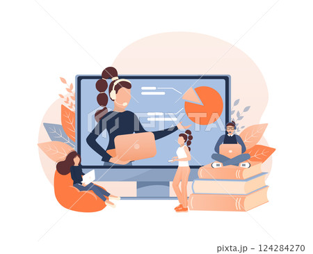 Cartoon online teaching for web design. Cartoon character. Web design. Character for web marketing design. Vector illustration. Cartoon online teaching for web design. Cartoon character. Web design. Character for web marketing design. Vector illustration. 124284270