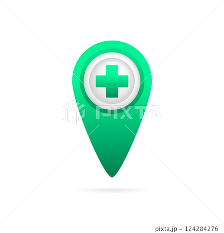 Hospital icon on white backdrop. Location map icon, gps pointer mark. Health care. Search sign. Red cross sign. Web design. 124284276