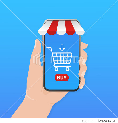 Online shopping hand smartphone for mobile device design. Smartphone Online store payment. flat vector icon illustration. Isometric vector illustration. 124284318