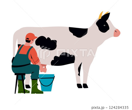 Farm milky animal. Agriculture worker milking cow. Farmer caring of livestock. Countryside cattle. Organic dairy products. Domestic mammal. Rural people work. Vector farming concept Farm milky animal. Agriculture worker milking cow. Farmer caring of livestock. Countryside cattle. Organic dairy products. Domestic mammal. Rural people work. Vector farming concept 124284335