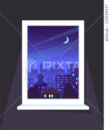 Blind window. City landscape. Evening time. Downtown skyscrapers. Urban building. Midnight scenery. Moon light. Nighttime dusk. Midtown skyline. Apartment room. Vector home windowsill frame 124284337