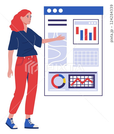 Business infographic. Project diagram. Office presentation. Corporate management strategy. Creative woman showing at browser frame. Investment income analysis chart. Vector concept 124284339