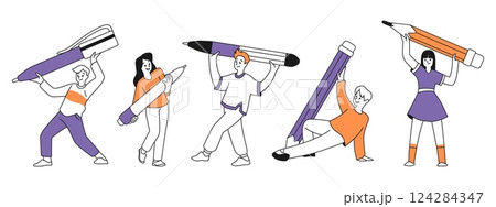 Person hold pen. People editor, writer with pencil, letter for man author character or journalist. Creative ballpoint. Men and women with huge stationery element. Vector flat cartoon isolated set Person hold pen. People editor, writer with pencil, letter for man author character or journalist. Creative ballpoint. Men and women with huge stationery element. Vector flat cartoon isolated set 124284347