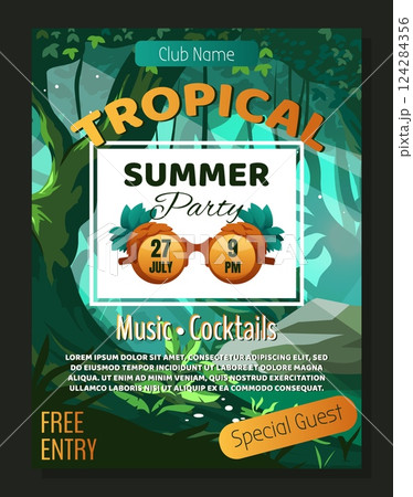 Summer jungle party. Tropical forest. Holiday poster. Tree trunks and leaves. Green foliage. Outdoor celebration. Nature park. Music event. Cocktail bar. Vector invitation flyer design 124284356
