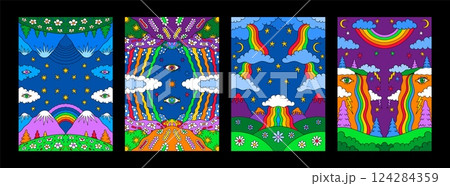 Psychedelic landscape. Retro rainbow. Sky sun and clouds. ISD crazy poster. Seventies vintage graphic art. Meadow flowers. Hippie hallucinogen. Mountain rocks. Vector surreal banners set 124284359
