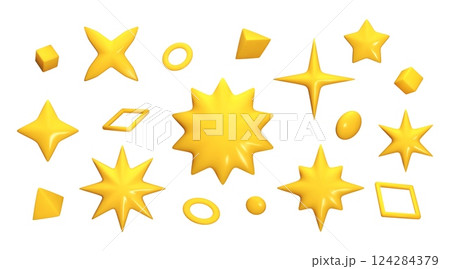 3d star icons. Party shine render, festive yellow or gold plastic stardust confetti, bright or light style. Holiday ornament. Different geometric figures. Glossy isolated vector objects set 3d star icons. Party shine render, festive yellow or gold plastic stardust confetti, bright or light style. Holiday ornament. Different geometric figures. Glossy isolated vector objects set 124284379