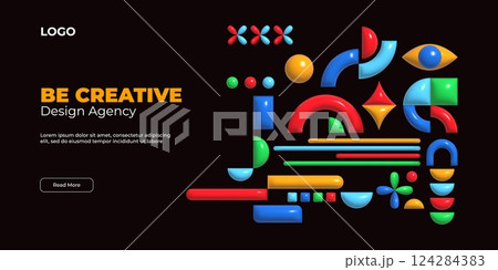 3d poster. Abstract figure geometry, graphic memphis or brutalism triangle design. Creative visual cover, visual brutalism poster. Web banner landing page template. Vector geometric elements 124284383