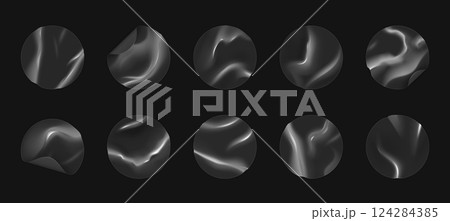Transparent stickers. Circle plastic round mockup. Glass label effect. 3D adhesive clear glossy tags. Geometric shapes. Folded and crumpled. Wrinkled surface. Vector peel patches set 124284385