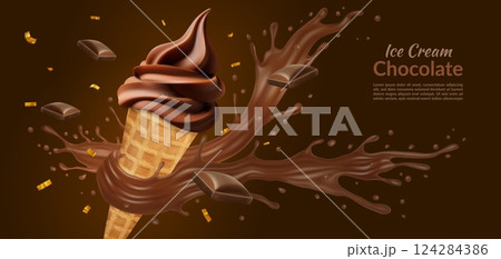 Chocolate ice cream. Choco icecream poster, 3d splash on cone package for frozen dessert. Realistic ad of delicious sundae. Summer sweet food. Vector cocoa milk product advertising banner 124284386