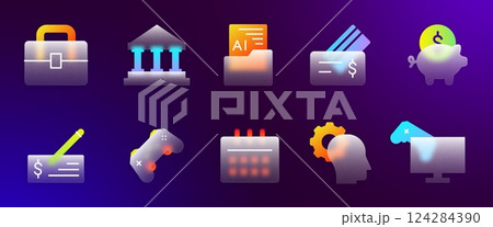 3d money icons. Glass UI symbols. Web browser logo. Computer joystick. Bank and business technology. Calendar planner. Morphism transparent app signs. Vector interface pictograms set 124284390