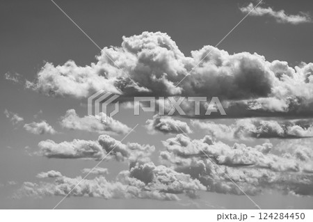 青空に湧く春の雨上がりの白い雲　c-5 モノクロ 124284450