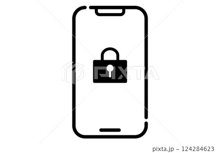 セキュリティをイメージしたシンプルな鍵のアイコンが表示されたスマホ 124284623