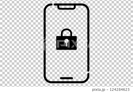 セキュリティをイメージしたシンプルな鍵のアイコンが表示されたスマホ 124284623