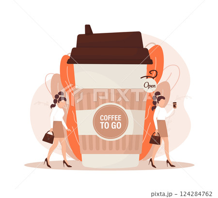 Flat illustration with coffee to go people. Cartoon people illustration. Characters with drink in paper cup. Shop, drink, coffee to go concept. Flat illustration with coffee to go people. Cartoon people illustration. Characters with drink in paper cup. Shop, drink, coffee to go concept. 124284762