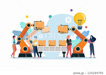 People with automation robot arm machine. obotics industry insights automotive and electronics. People with automation robot arm machine. obotics industry insights automotive and electronics. 124284793