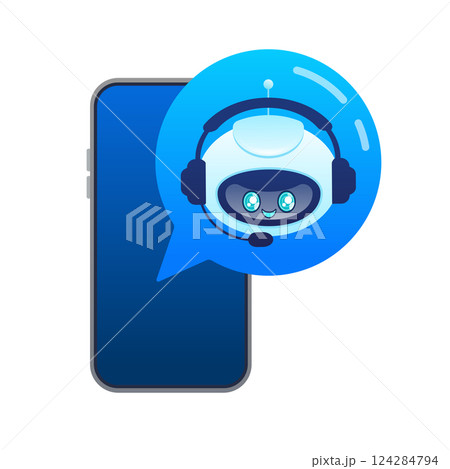 Support bot. Ai assistant. Flat icon with blue support bot on white background Support bot. Ai assistant. Flat icon with blue support bot on white background 124284794