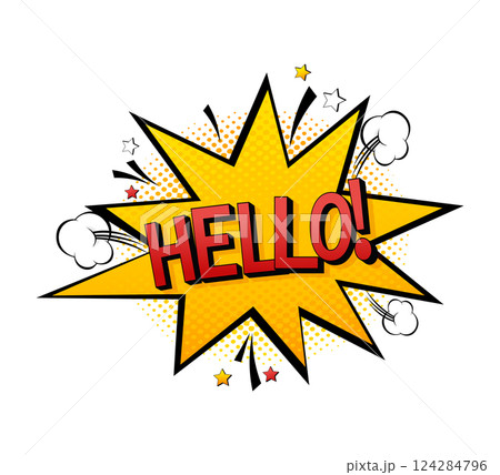 Beautiful pop art red font on colorful backdrop. Call icon vector. Pop art style. Hello banner vector illustration Beautiful pop art red font on colorful backdrop. Call icon vector. Pop art style. Hello banner vector illustration 124284796