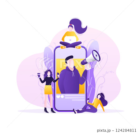 Flat advertising. Social media marketing. Phone icon vector. Flat advertising with people smartphone megaphone. 124284811