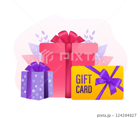 3d advertising with gift voucher presents people for concept design. Sale, discount, special offer concept. Modern gift voucher presents people, great design for any purposes. Vector illustration. 124284827