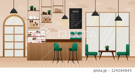Flat vector illustration. Cozy room interior. Interior design. Cartoon people vector illustration. 124284843